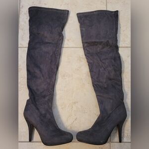 tight high suede rounded toe stiletto heel sock boots